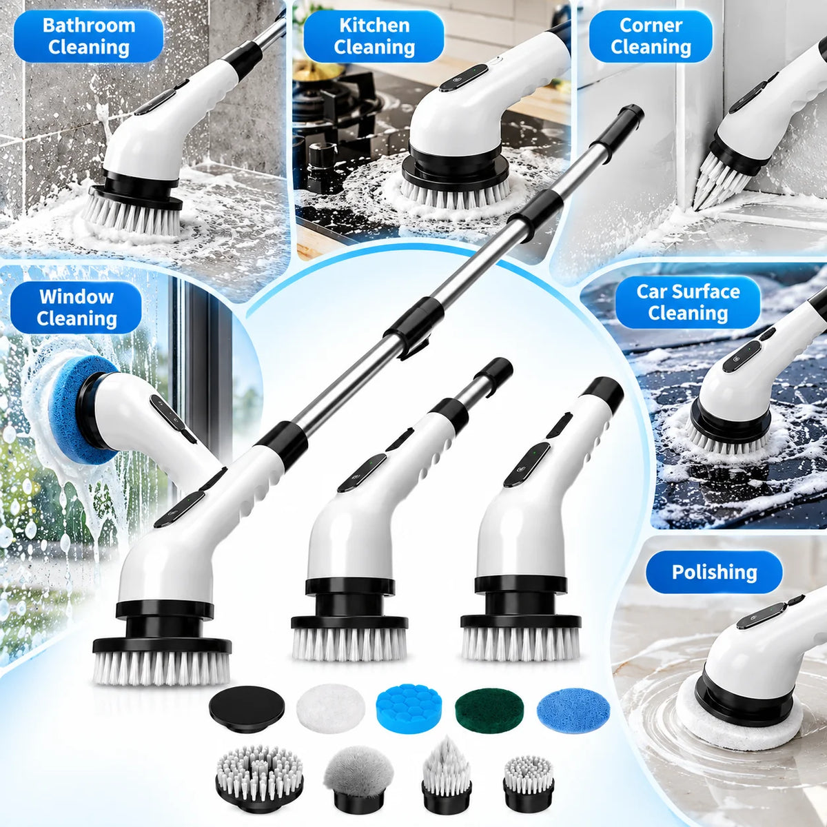 Cordless Electric Spin Scrubber With Extension Pole And Brush Heads