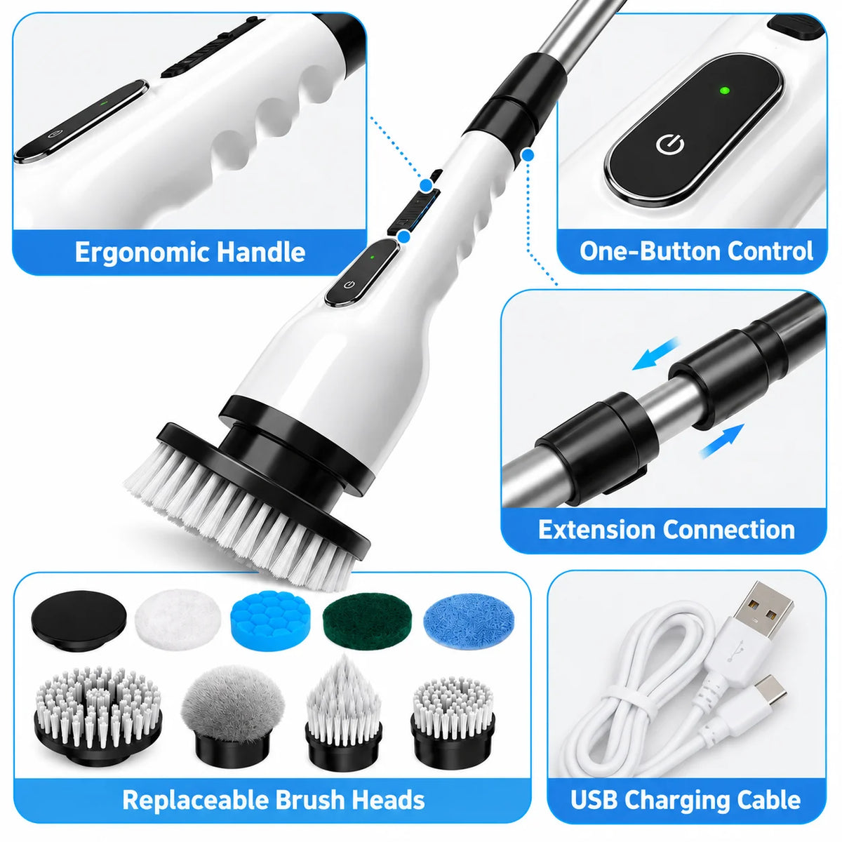 Cordless Electric Spin Scrubber With Extension Pole And Brush Heads