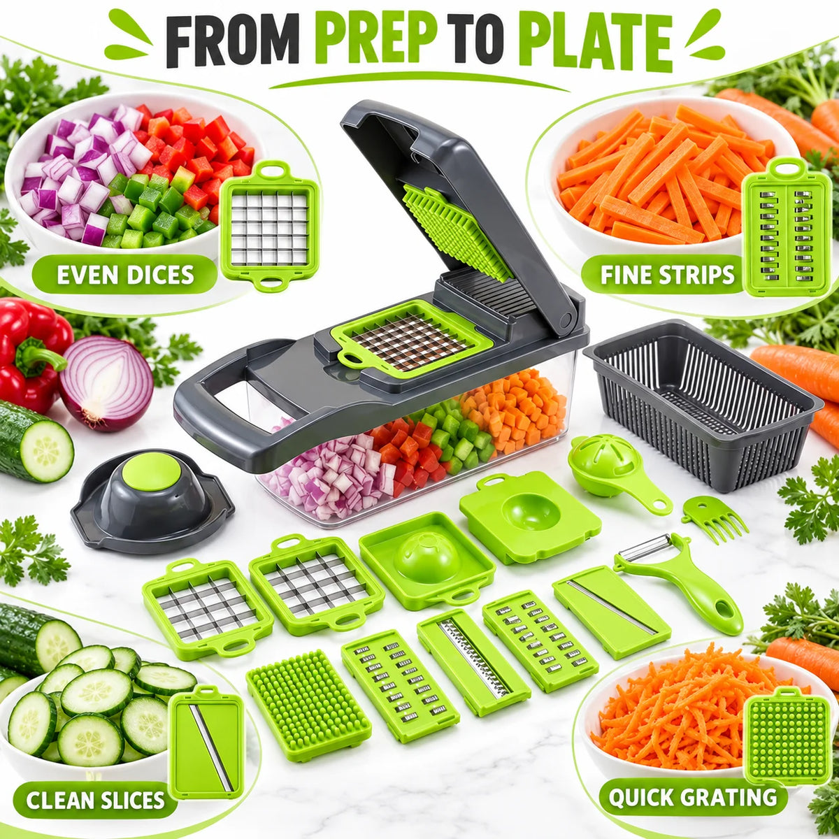 Multi Functional Vegetable Chopper With Interchangeable Blades And Food Container