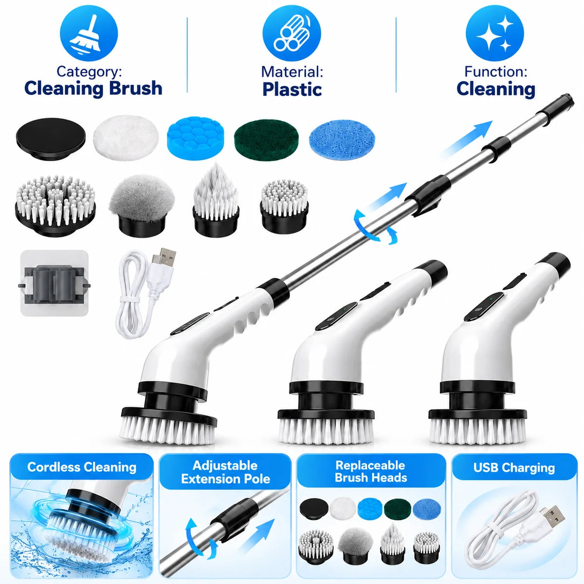 Cordless Electric Spin Scrubber With Extension Pole And Brush Heads