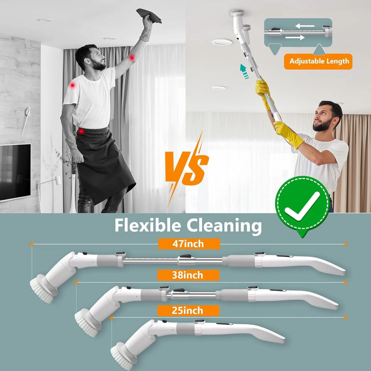 Cordless Electric Spin Scrubber With Brush Heads And Extension Arm