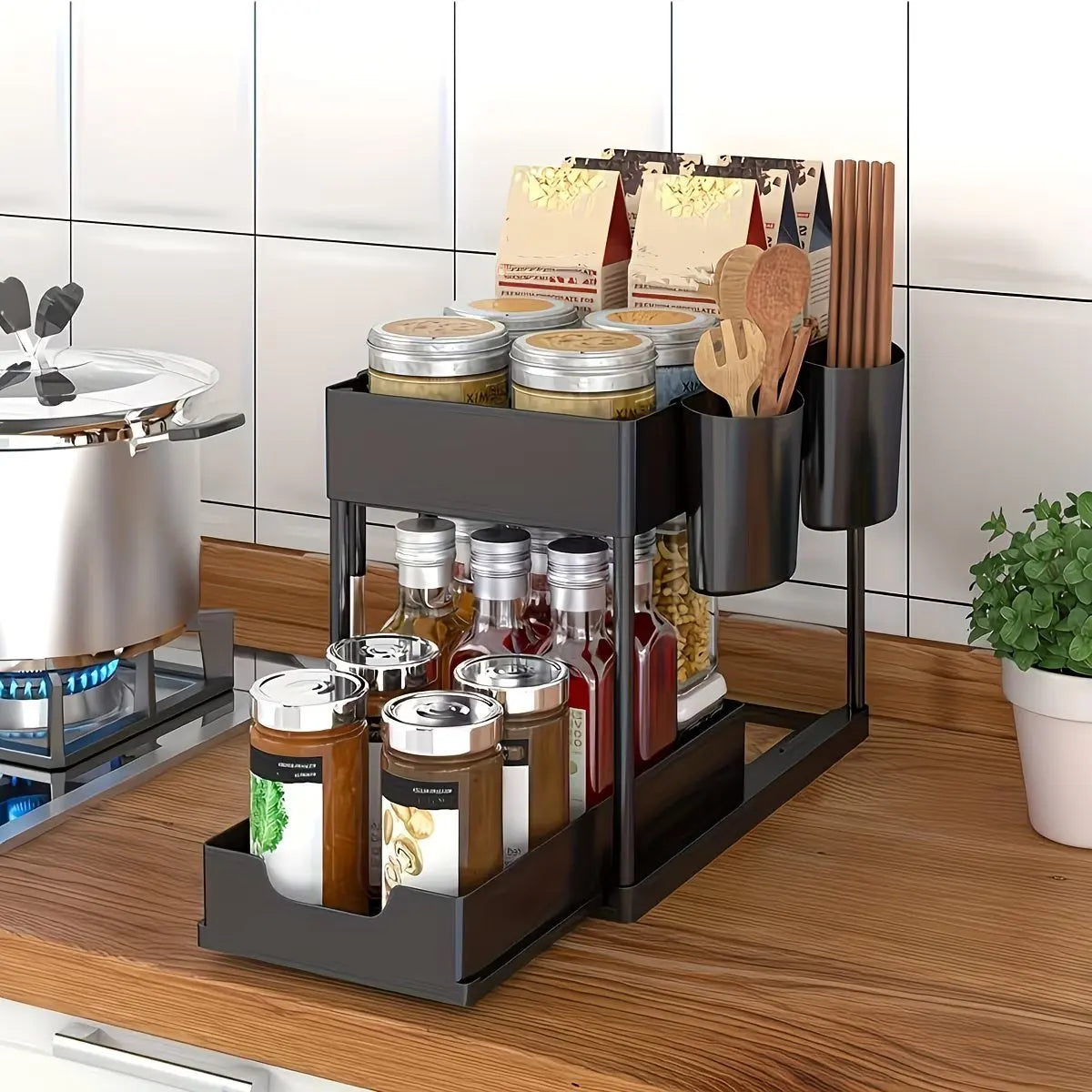 Two Tier Pull Out Under Sink Cabinet Organizer With Hooks