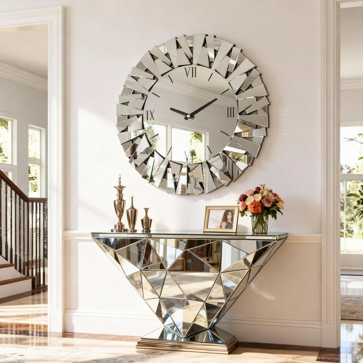Modern 3D Mirrored Sunburst Wall Clock With Roman Numerals