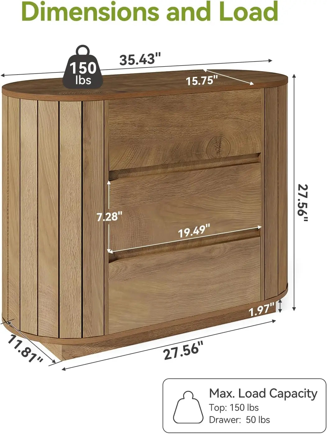 Novilla Modern Nightstand Set with Three Drawers and Slatted Design