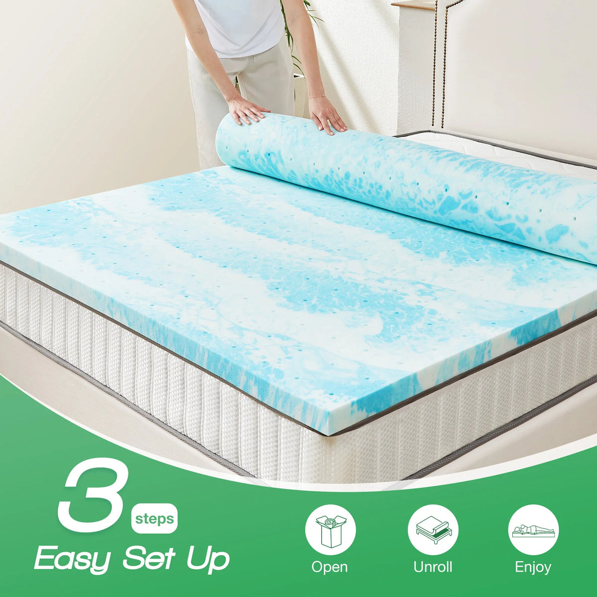 JHK Gel Cooling Memory Foam Mattress Topper for Breathable Comfort