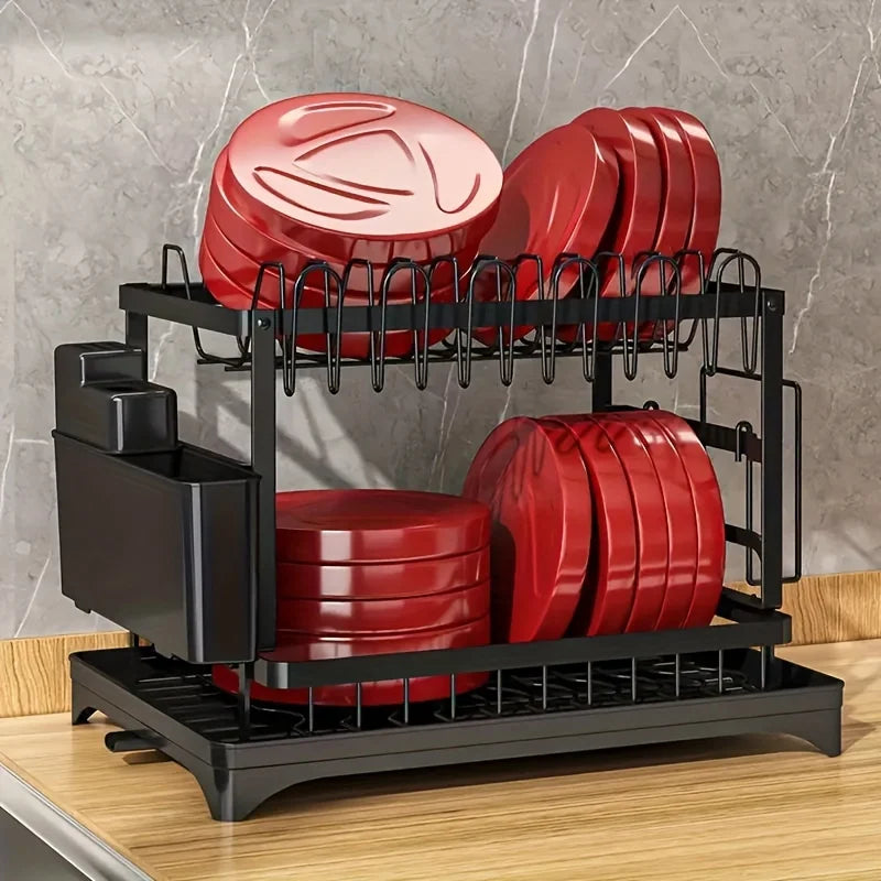 Metal Two Tier Dish Drying Rack With Drainboard For Kitchen