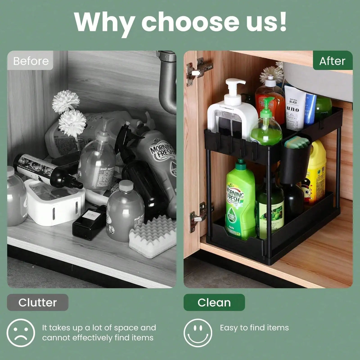 Two Tier Pull Out Under Sink Cabinet Organizer With Hooks