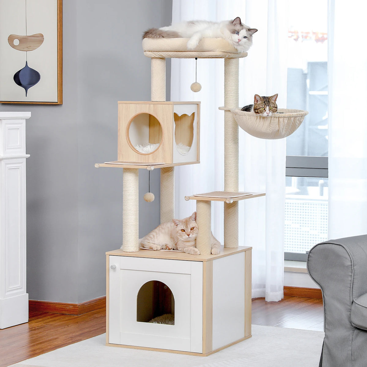 PAWZ Ro Multi-Level Wooden Cat Tree With Condo And Hammock
