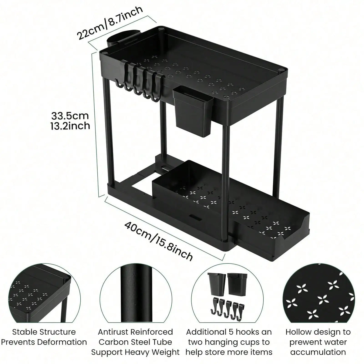 Two Tier Pull Out Under Sink Cabinet Organizer With Hooks