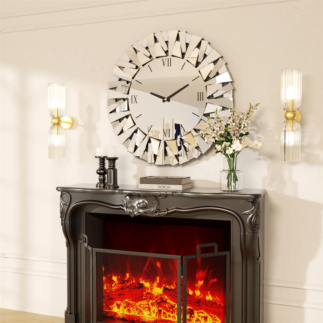 Modern 3D Mirrored Sunburst Wall Clock With Roman Numerals
