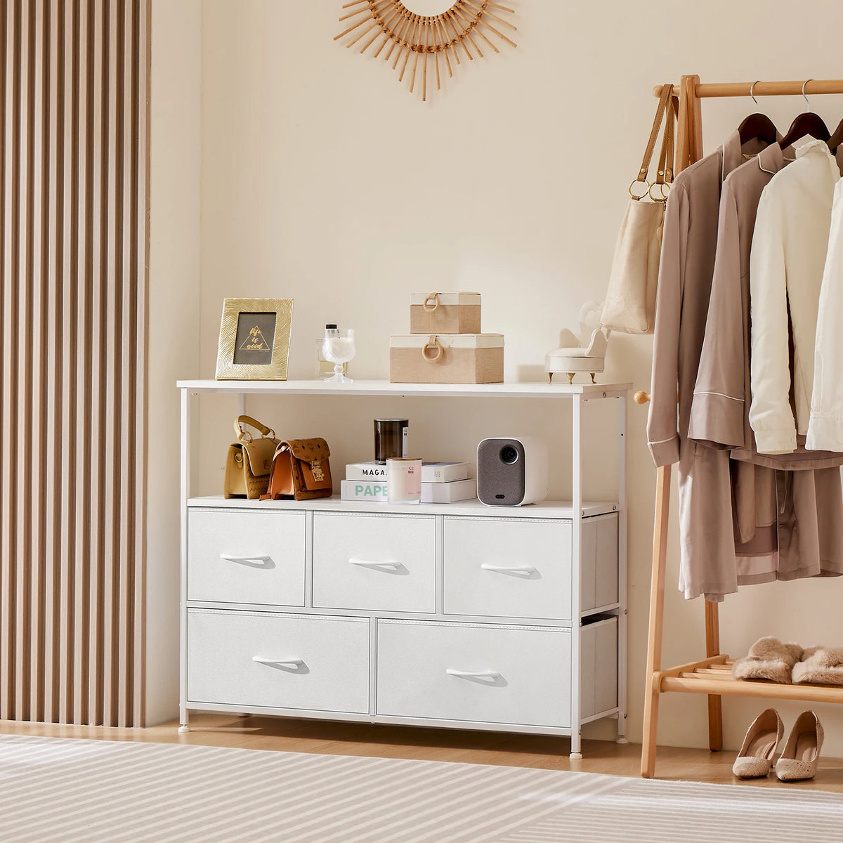 JHK Shoe Cabinet With Five Fabric Drawers And TV Stand