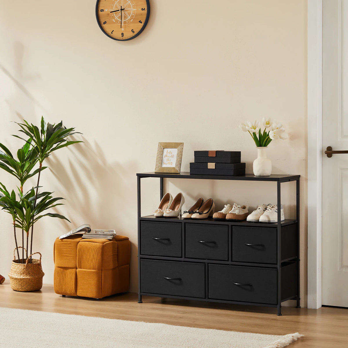 JHK Shoe Cabinet With Five Fabric Drawers And TV Stand