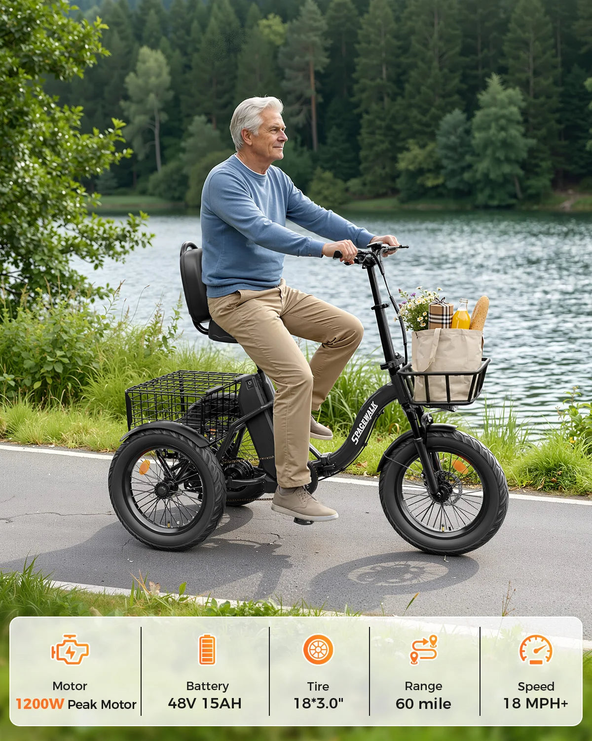 EILLEO SPACEWALK 1200W Peak Electric Tricycle With Rear Cargo Basket
