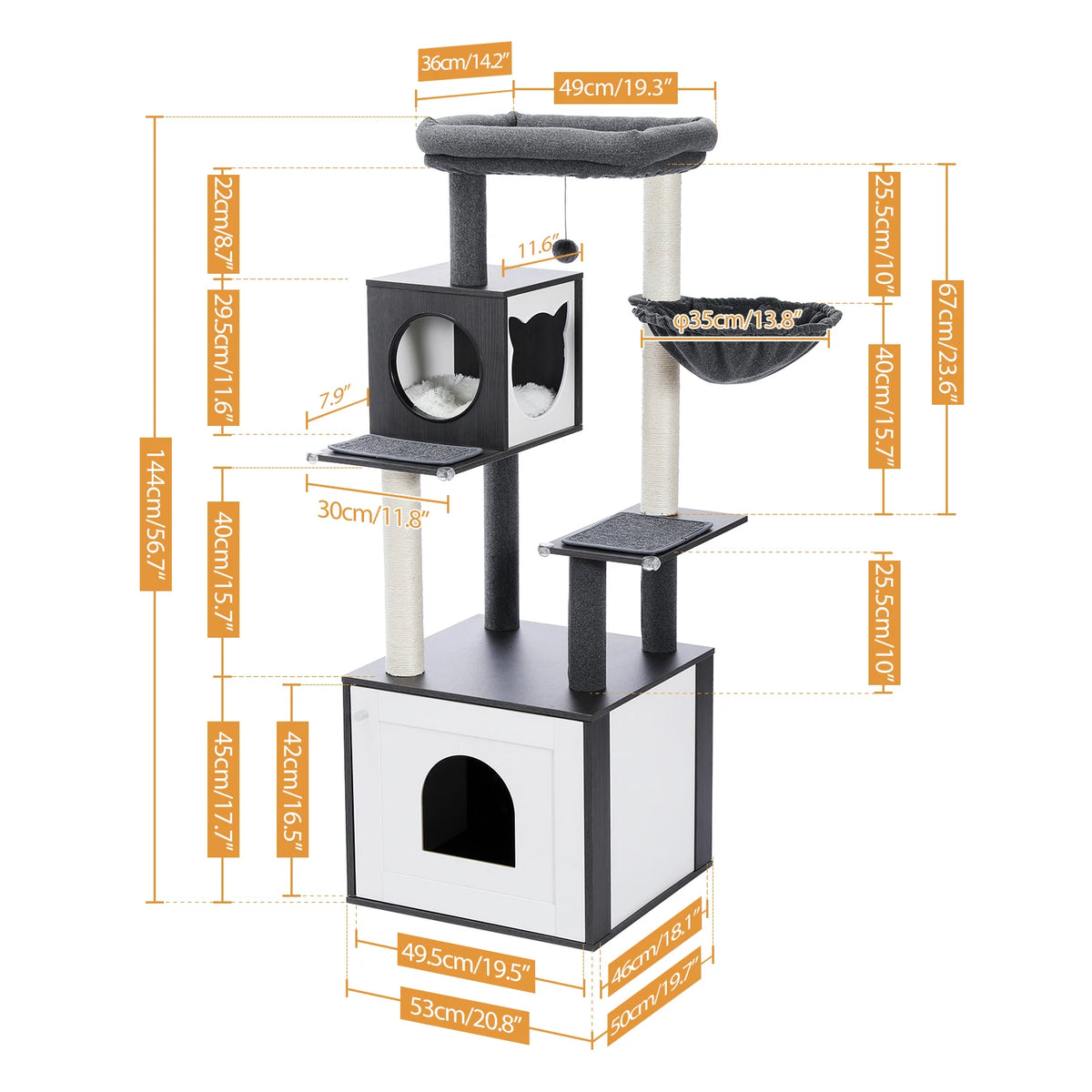 PAWZ Ro Multi-Level Wooden Cat Tree With Condo And Hammock