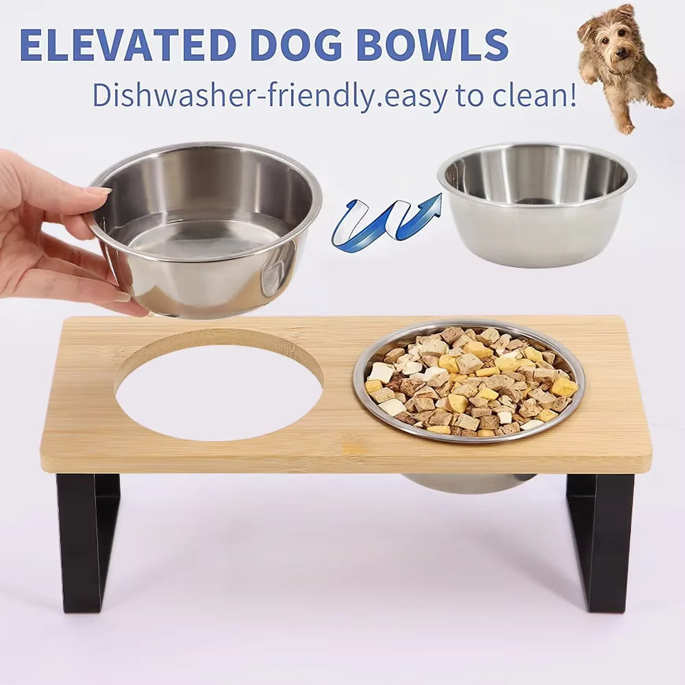 Raised Cat Bowls With Tilted Wooden Stand And Steel Bowls