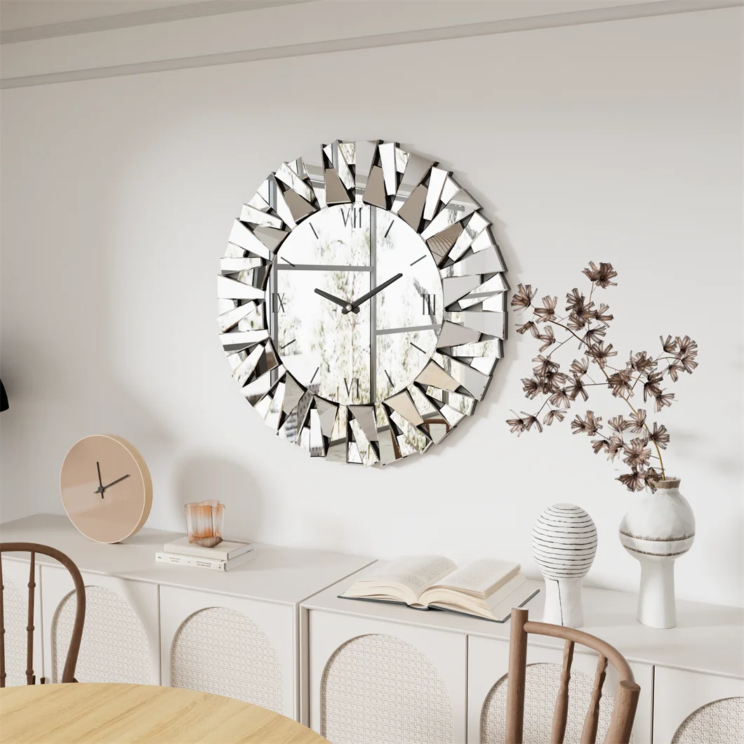 Modern 3D Mirrored Sunburst Wall Clock With Roman Numerals