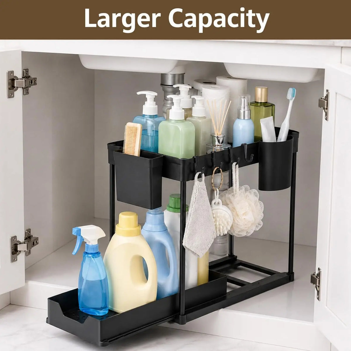 Two Tier Pull Out Under Sink Cabinet Organizer With Hooks