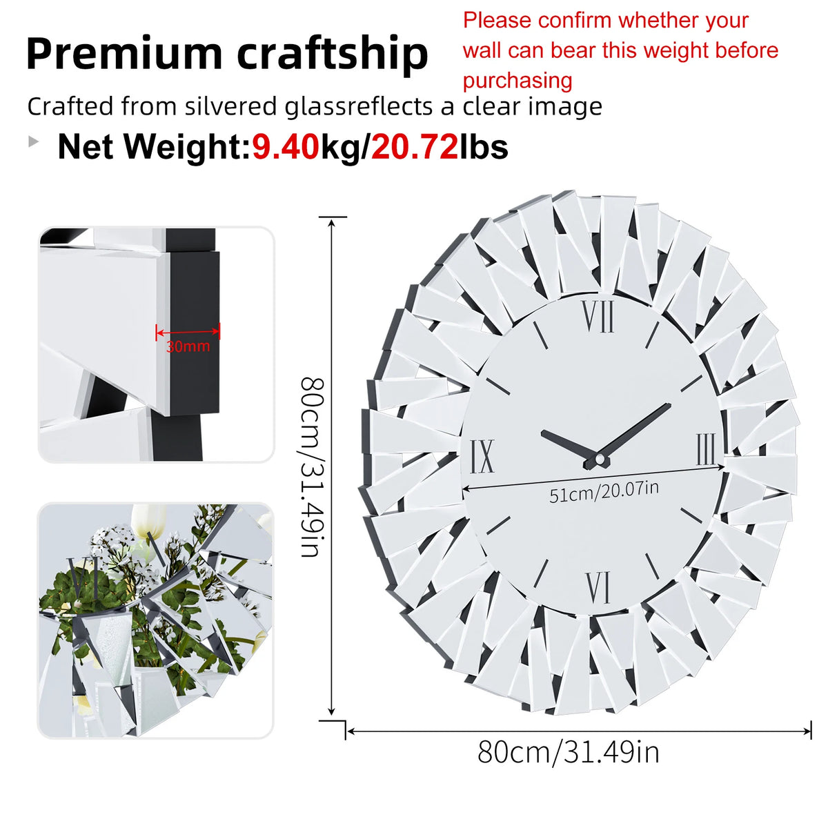 Modern 3D Mirrored Sunburst Wall Clock With Roman Numerals