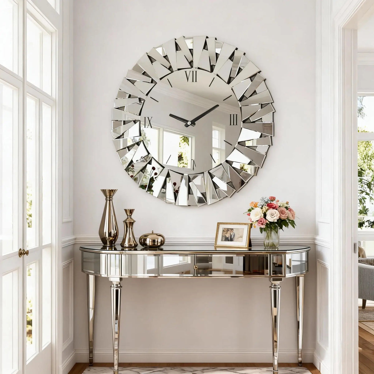 Modern 3D Mirrored Sunburst Wall Clock With Roman Numerals