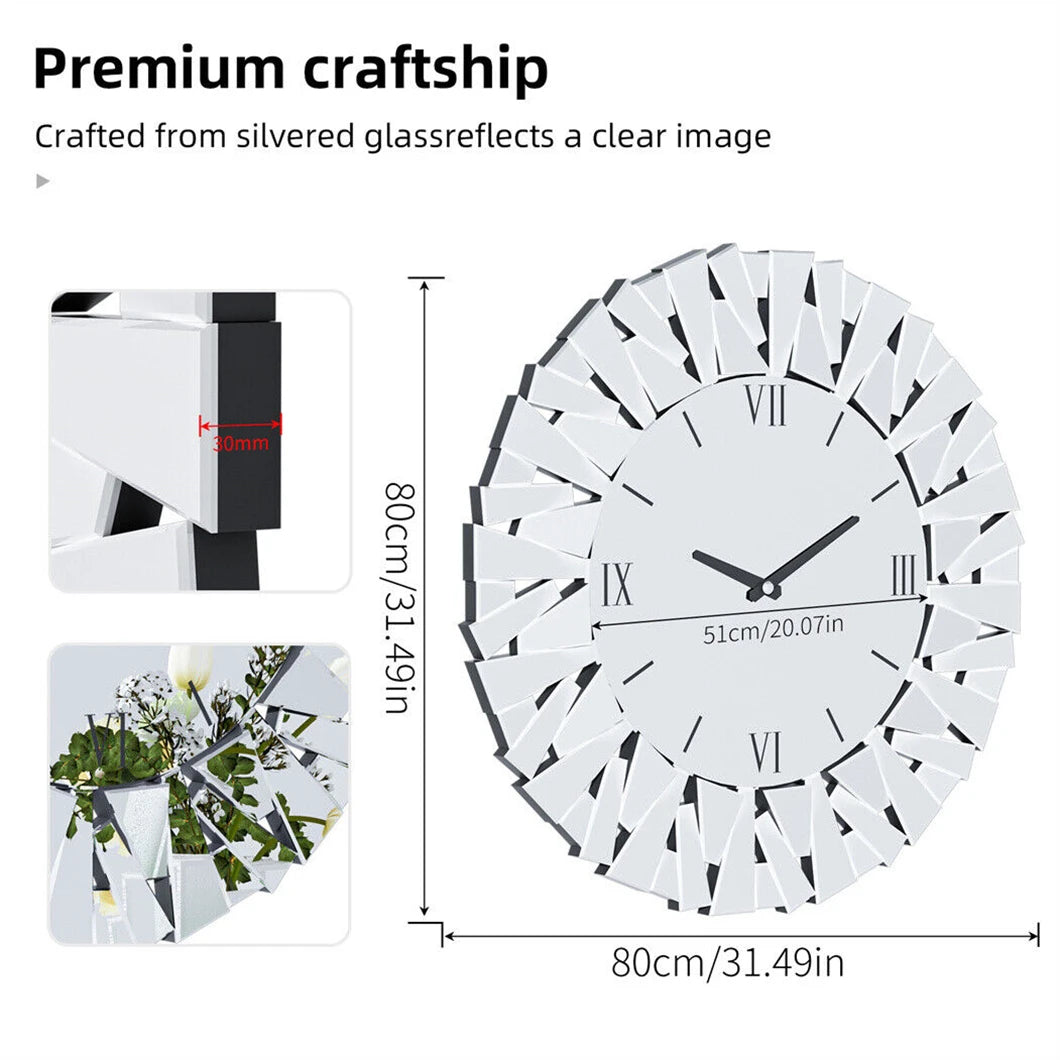 Modern 3D Mirrored Sunburst Wall Clock With Roman Numerals
