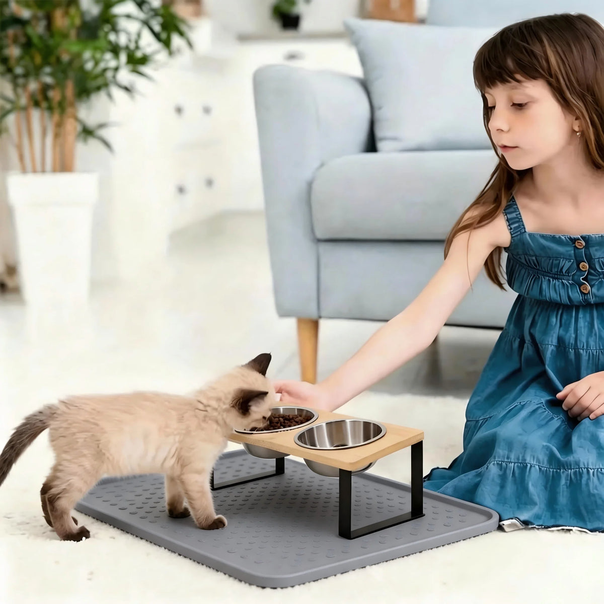 Raised Cat Bowls With Tilted Wooden Stand And Steel Bowls