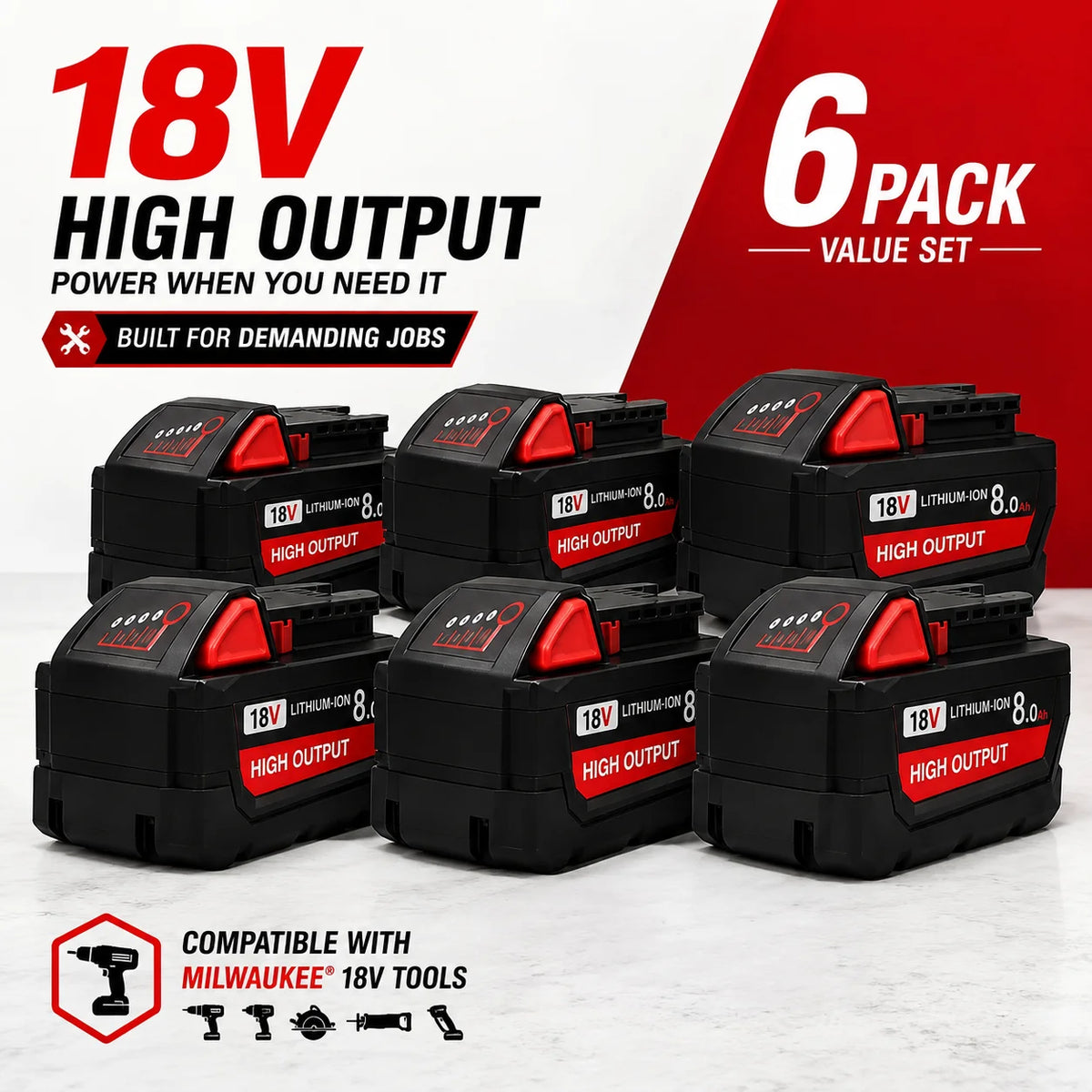 Replacement Lithium Ion Battery Compatible With Milwaukee M18 Power Tools