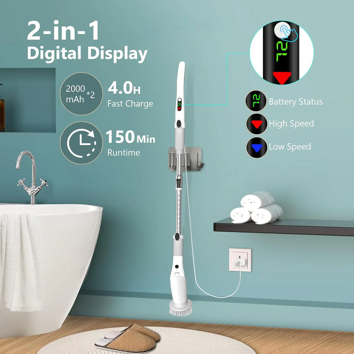 Cordless Electric Spin Scrubber With Brush Heads And Extension Arm