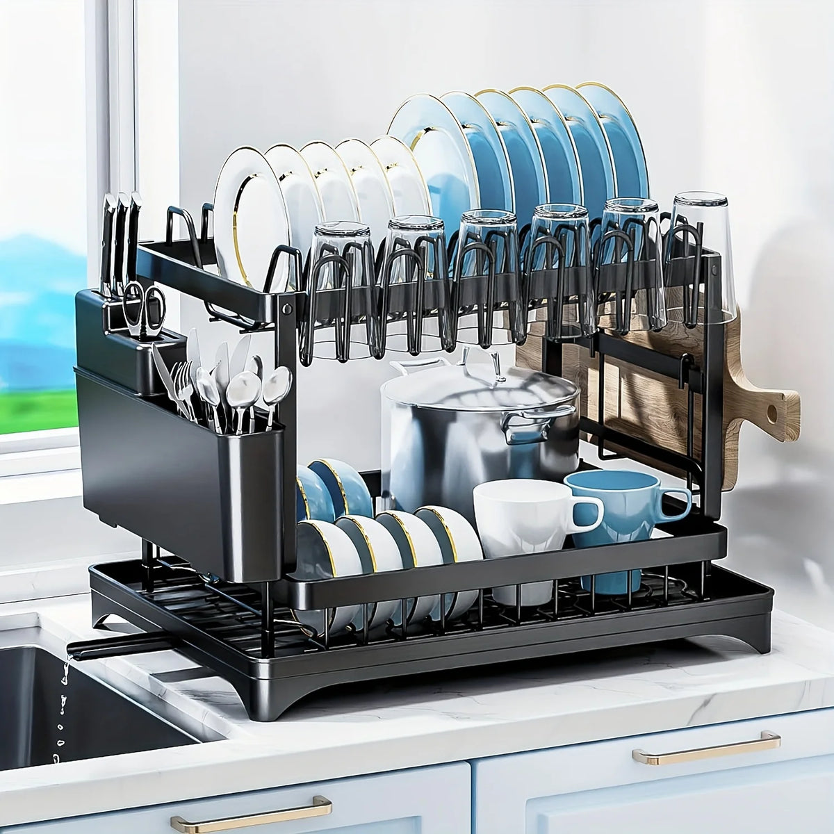Metal Two Tier Dish Drying Rack With Drainboard For Kitchen