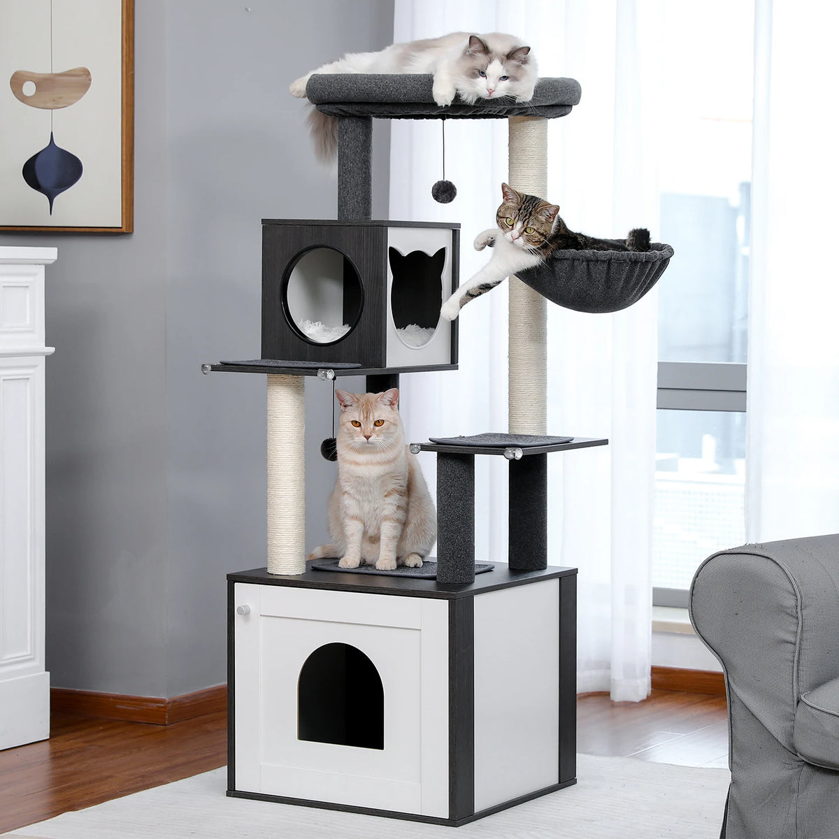 PAWZ Ro Multi-Level Wooden Cat Tree With Condo And Hammock