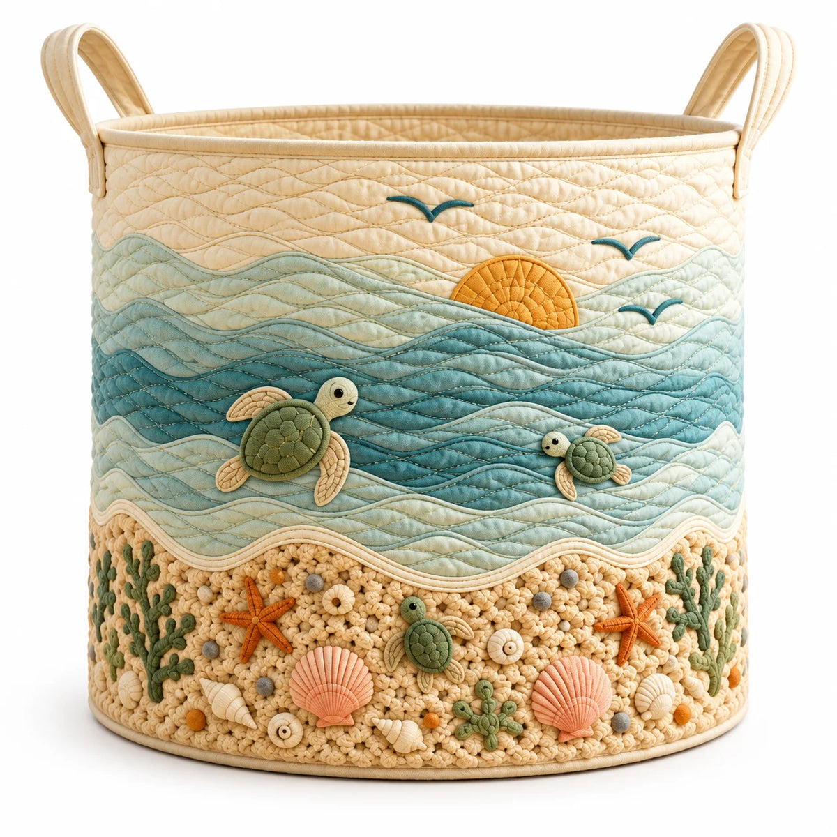 Collapsible Quilted Laundry Hamper With Handles And Ocean Turtle Pattern