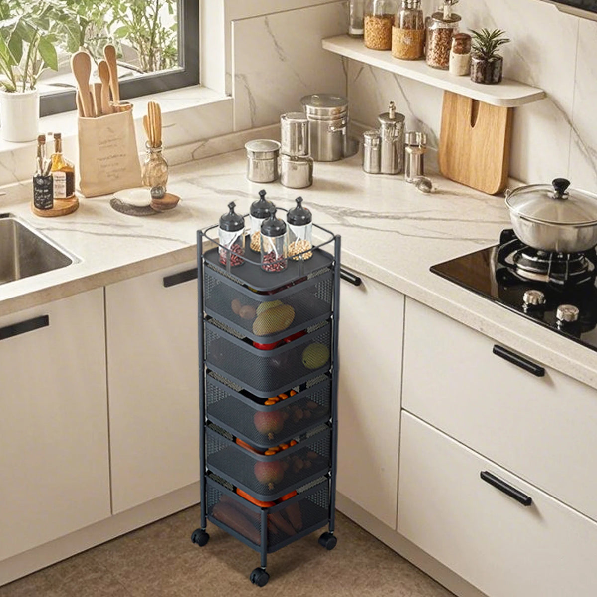 HobbyLane Five Tier Rotating Vegetable Storage Rack With Wheels