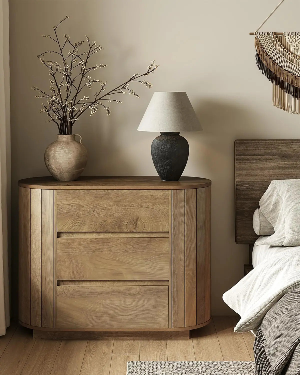 Novilla Modern Nightstand Set with Three Drawers and Slatted Design