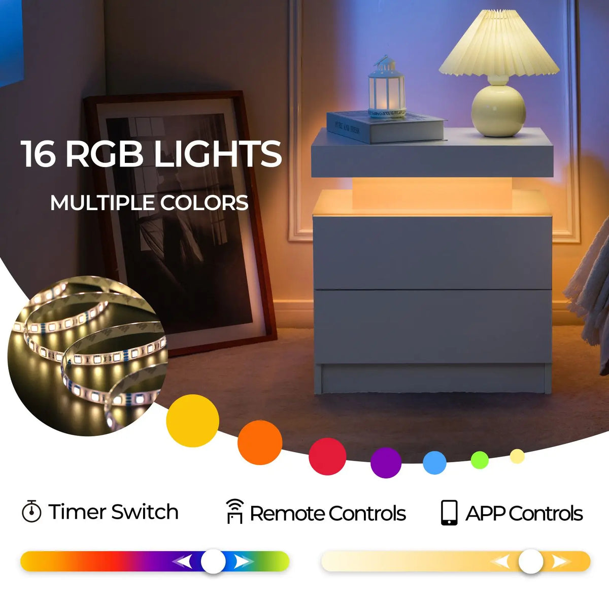 Cubehom LED Nightstand Set With Drawers For Bedroom
