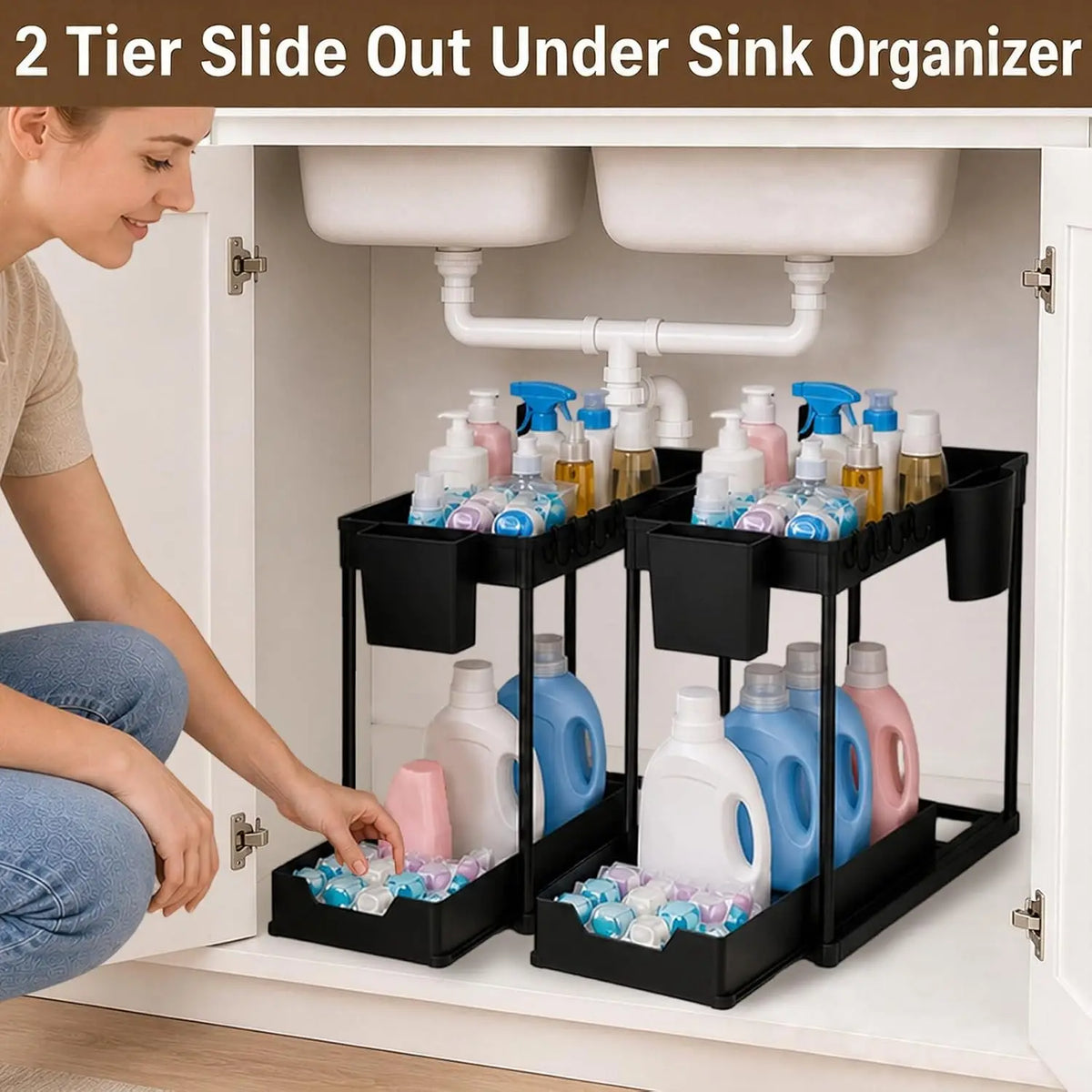 Two Tier Pull Out Under Sink Cabinet Organizer With Hooks