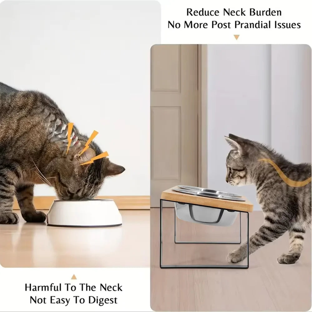 Raised Cat Bowls With Tilted Wooden Stand And Steel Bowls