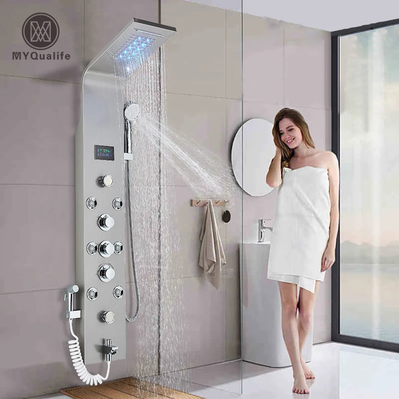 MYQualife LED Rainfall Waterfall Shower Panel With Triple Handle Control