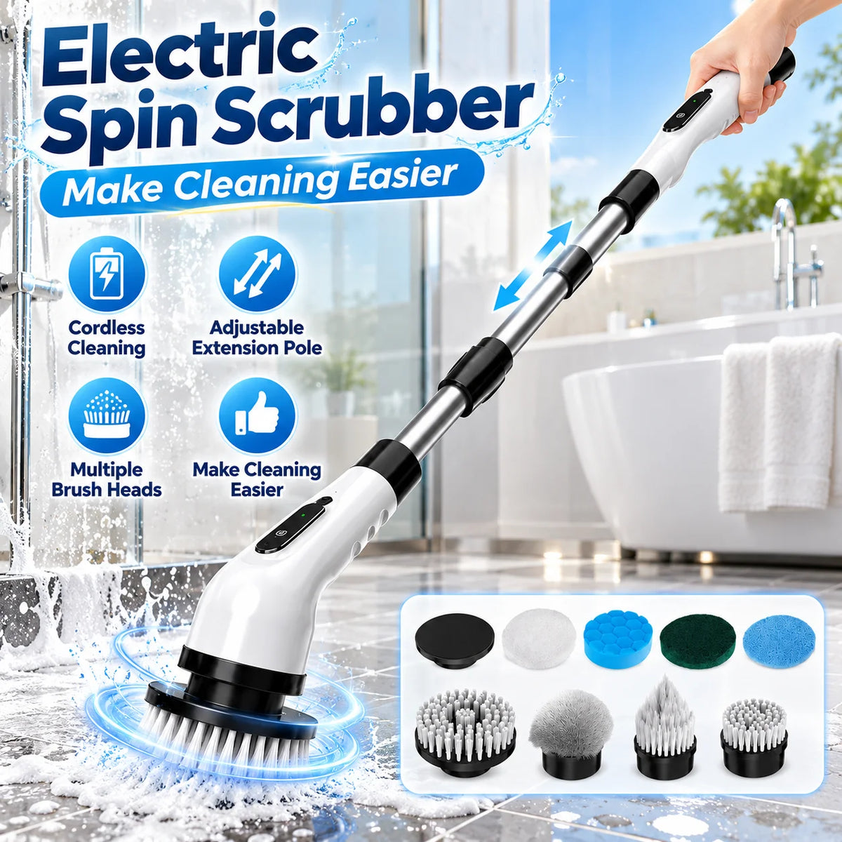 Cordless Electric Spin Scrubber With Extension Pole And Brush Heads