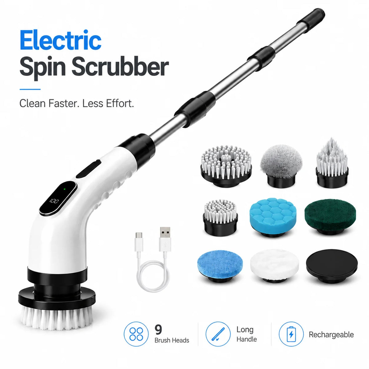 Cordless Electric Spin Scrubber With Multiple Brush Heads For Cleaning