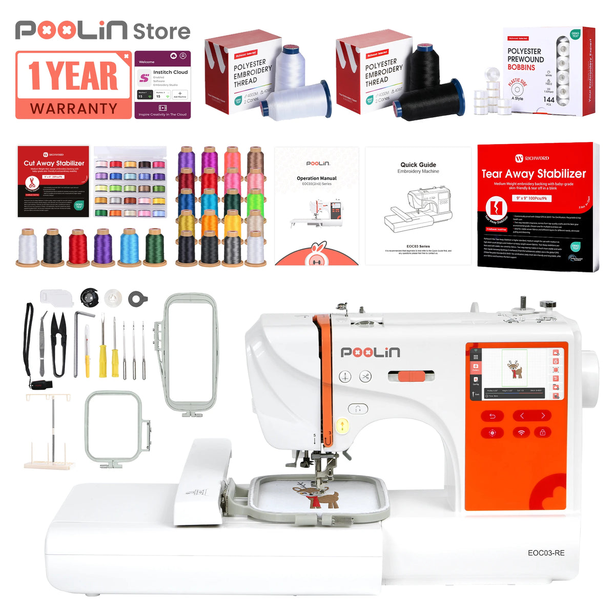 Poolin 03RE Computerized Embroidery Machine With Built In Designs