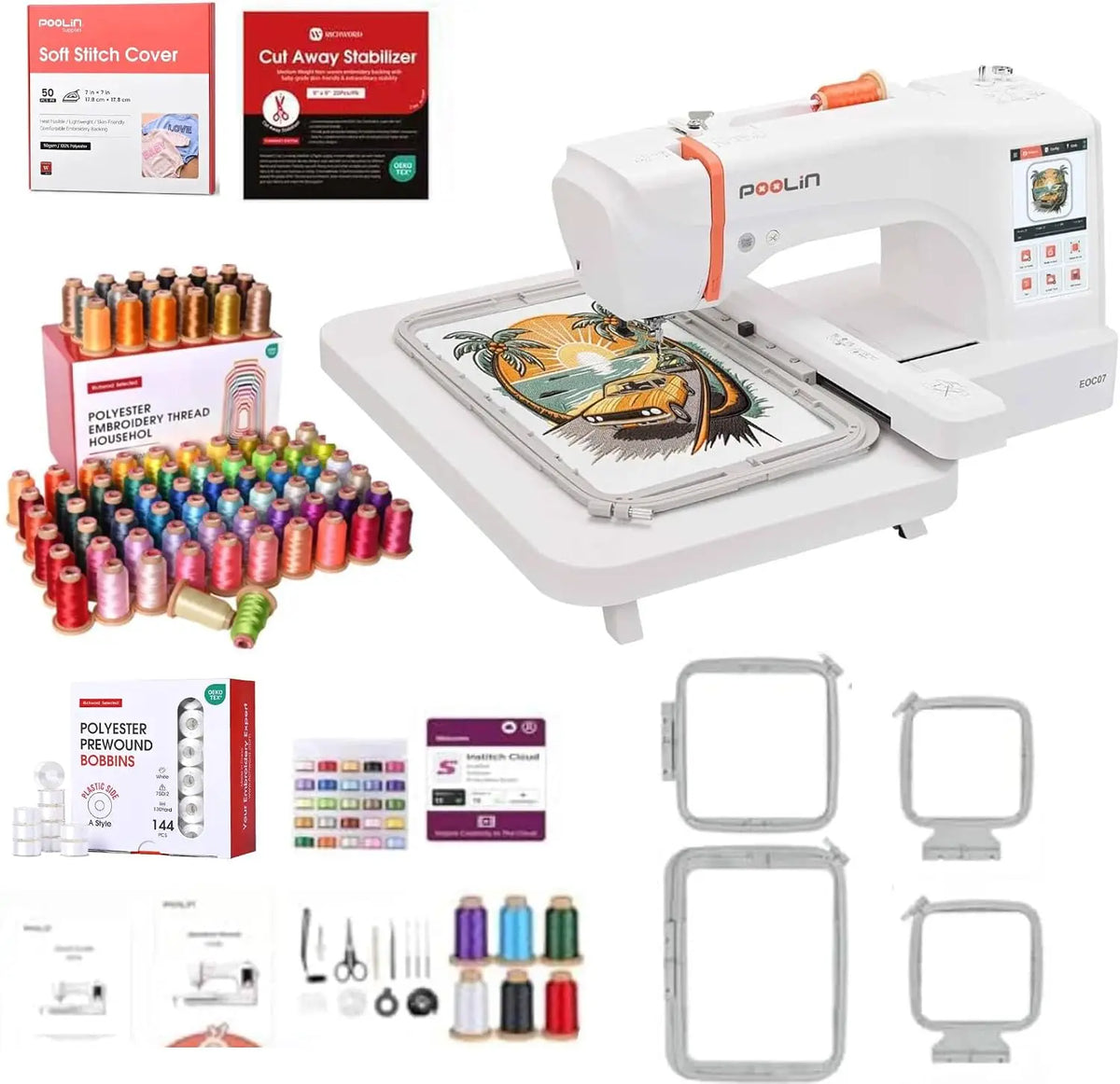 POOLIN EOC07 Computerized Embroidery Machine Bundle With Thread And Bobbins