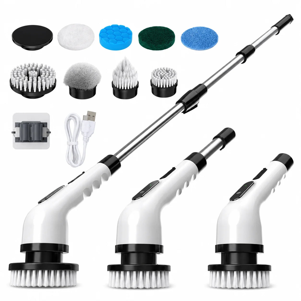 Cordless Electric Spin Scrubber With Extension Pole And Brush Heads
