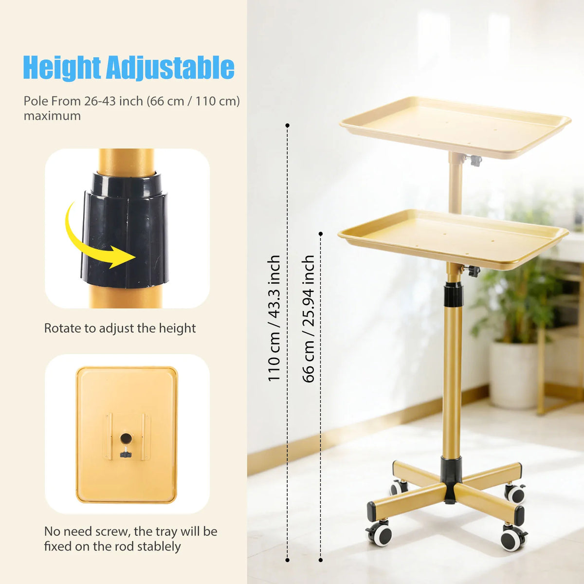 Adjustable Height Salon Cart With Aluminum Tray For Mobile Services