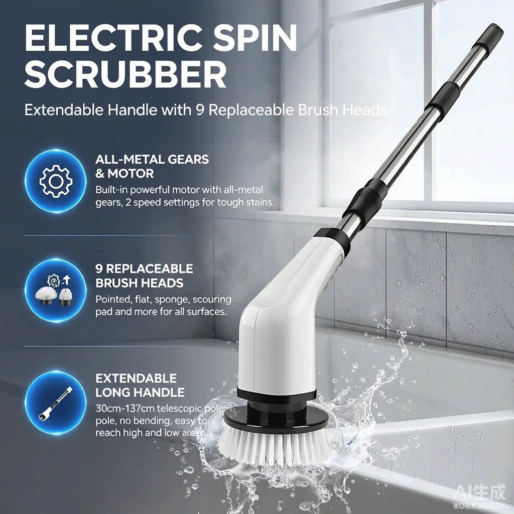Rechargeable Cordless Electric Spin Scrubber With Replaceable Brush Heads