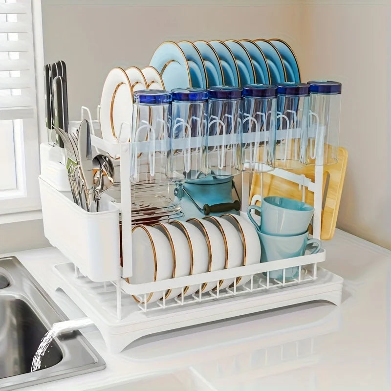 Metal Two Tier Dish Drying Rack With Drainboard For Kitchen
