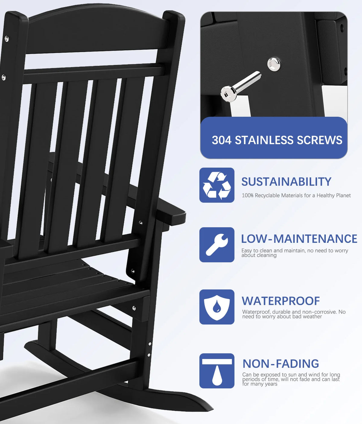 FOOWIN High Back Outdoor HDPE Patio Rocking Chair for Garden Furniture