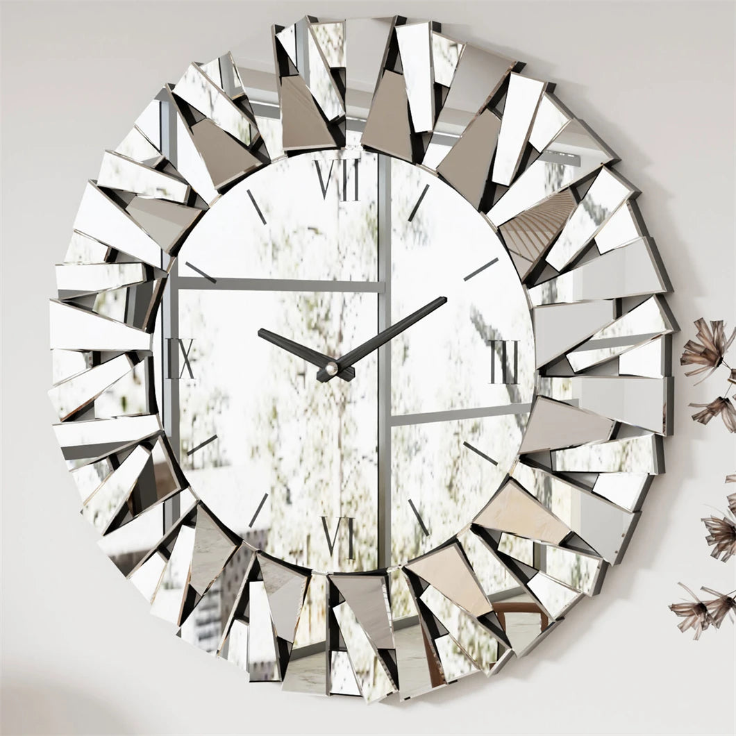 Modern 3D Mirrored Sunburst Wall Clock With Roman Numerals