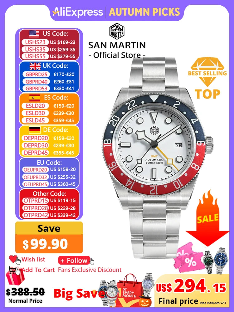 San Martin Automatic GMT Watch Sapphire Crystal 100M Water Resistant