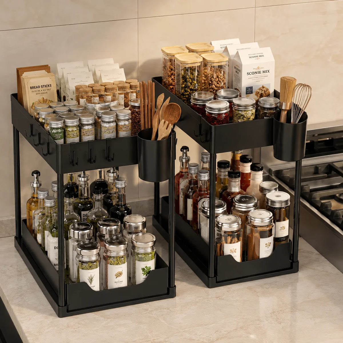 Two Tier Pull Out Under Sink Cabinet Organizer With Hooks