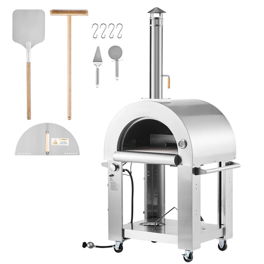 SucceBuy 26 inch Dual Fuel Pizza Oven Outdoor Pellet & Gas Powered with Thickened Cordierite Pizza-Stone Casters for Backyard