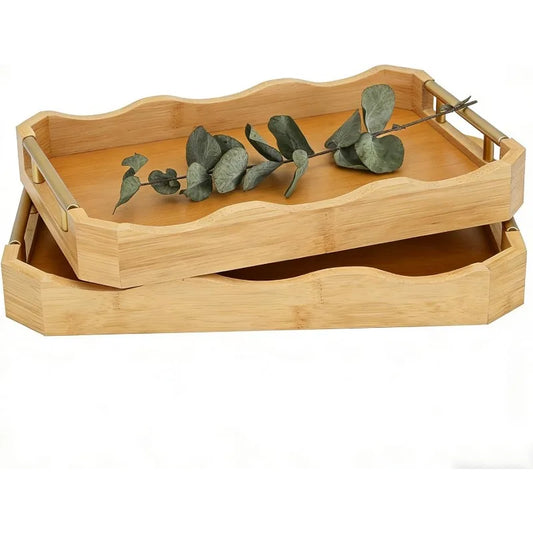 2 Pack Bamboo Serving Tray Set with Gold Metal Handles Decorative Coffee Table Ottoman Trays 14.5x9.8 & 15.75x11 Inches